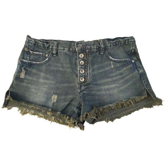 FREE PEOPLE Women Runaway Jillian Shorts Button Fly Cutoffs Raw Edges Sz 28 Blue - Picture 1 of 10